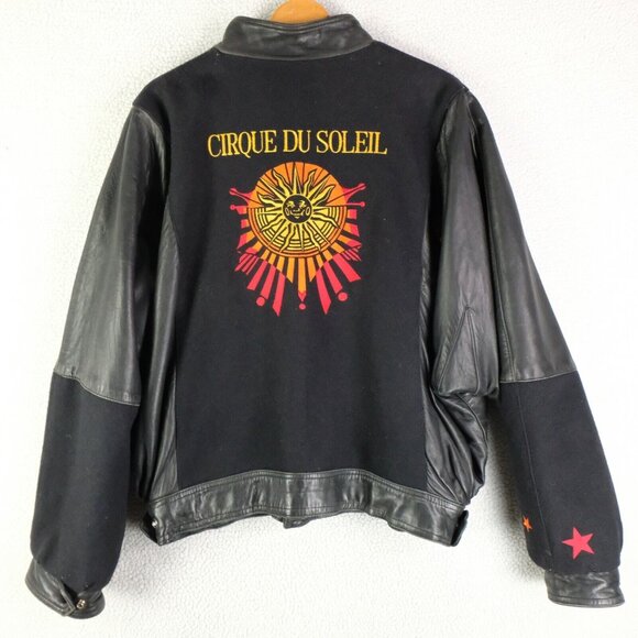 Vintage Curque Du Soleil Bomber Jacket Mens XXL 2XL Black Leather Wool Oversized - Picture 5 of 11